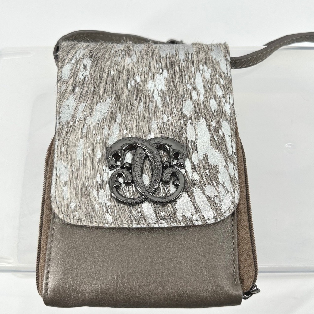 Sharif Crossbody Wallet Bag Womens Pewter Silver Calf Hair Panther Luxury Glam